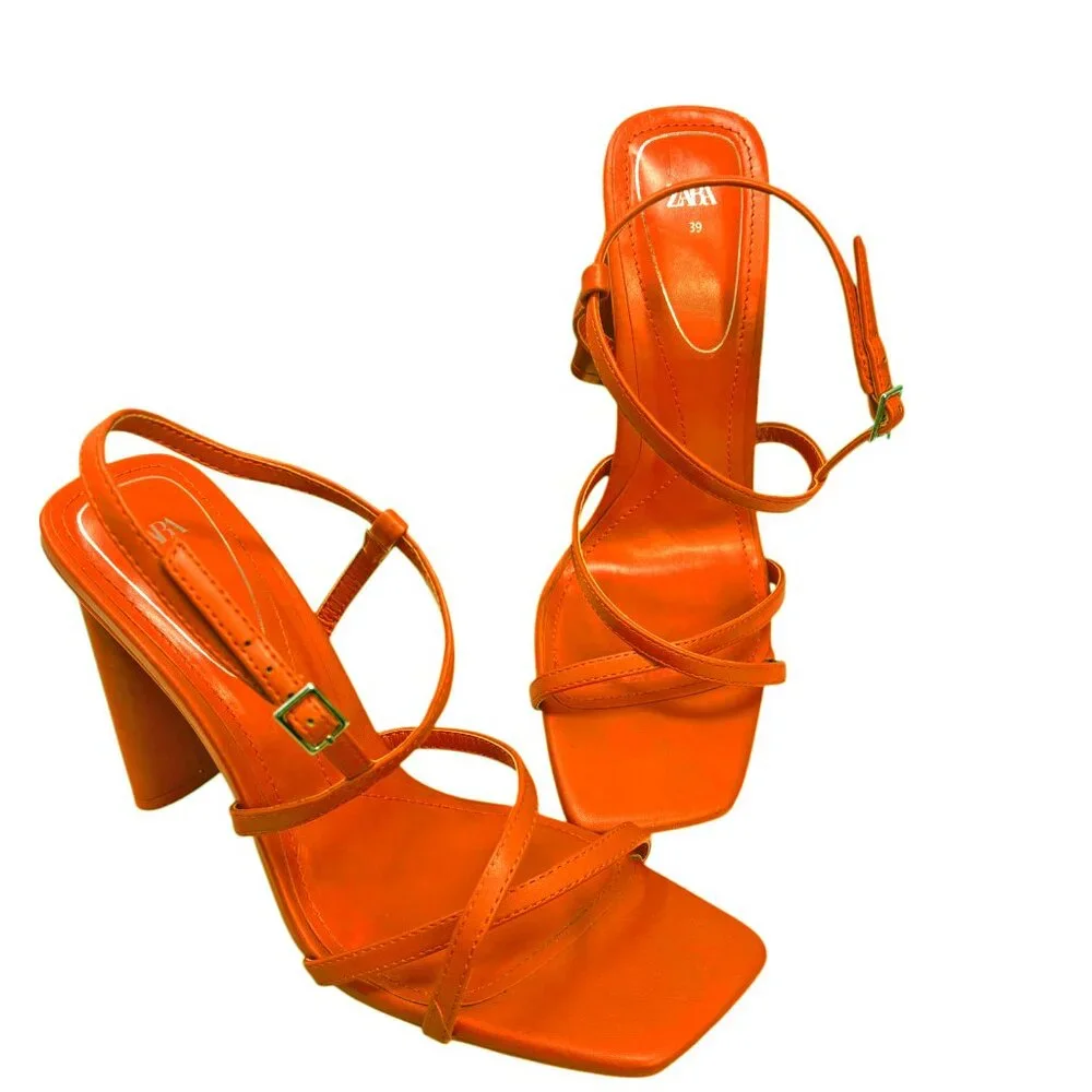 Zara Orange Strappy Square Toe Sandal Heels‎